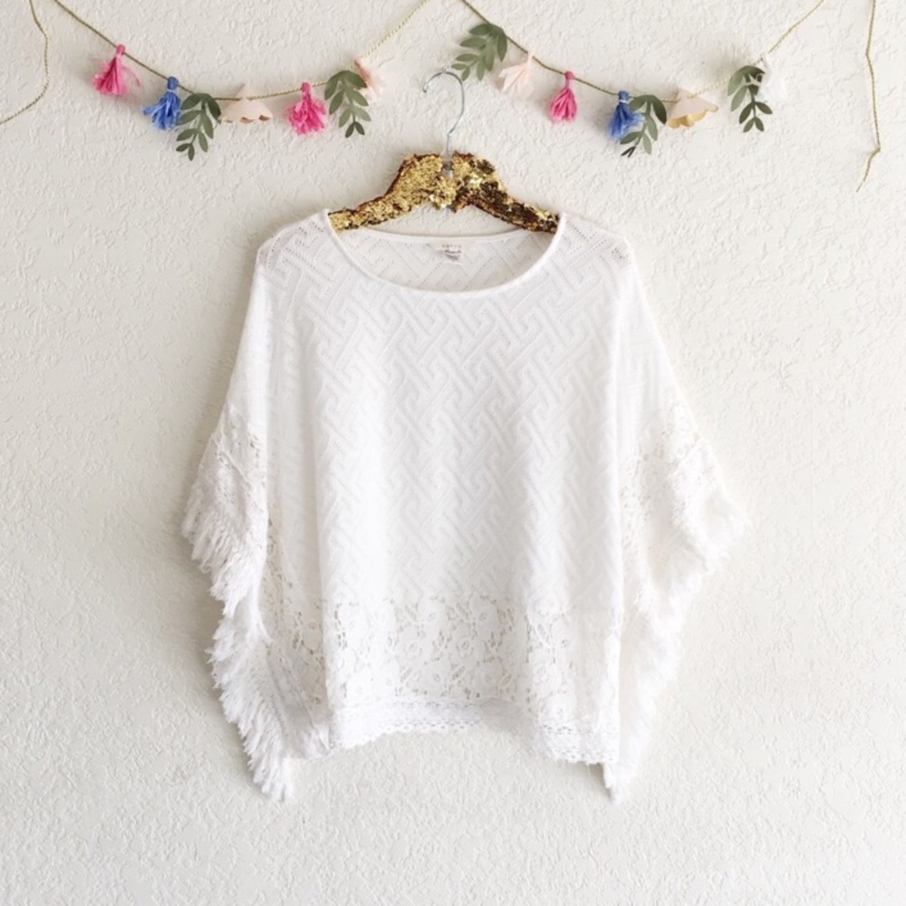 White Crochet Poncho Fringe Top